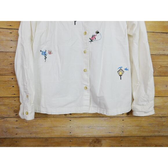 Vintage Cascade Blues Shirt Large White Embroidered Flowers Butterflies - Picture 3 of 9